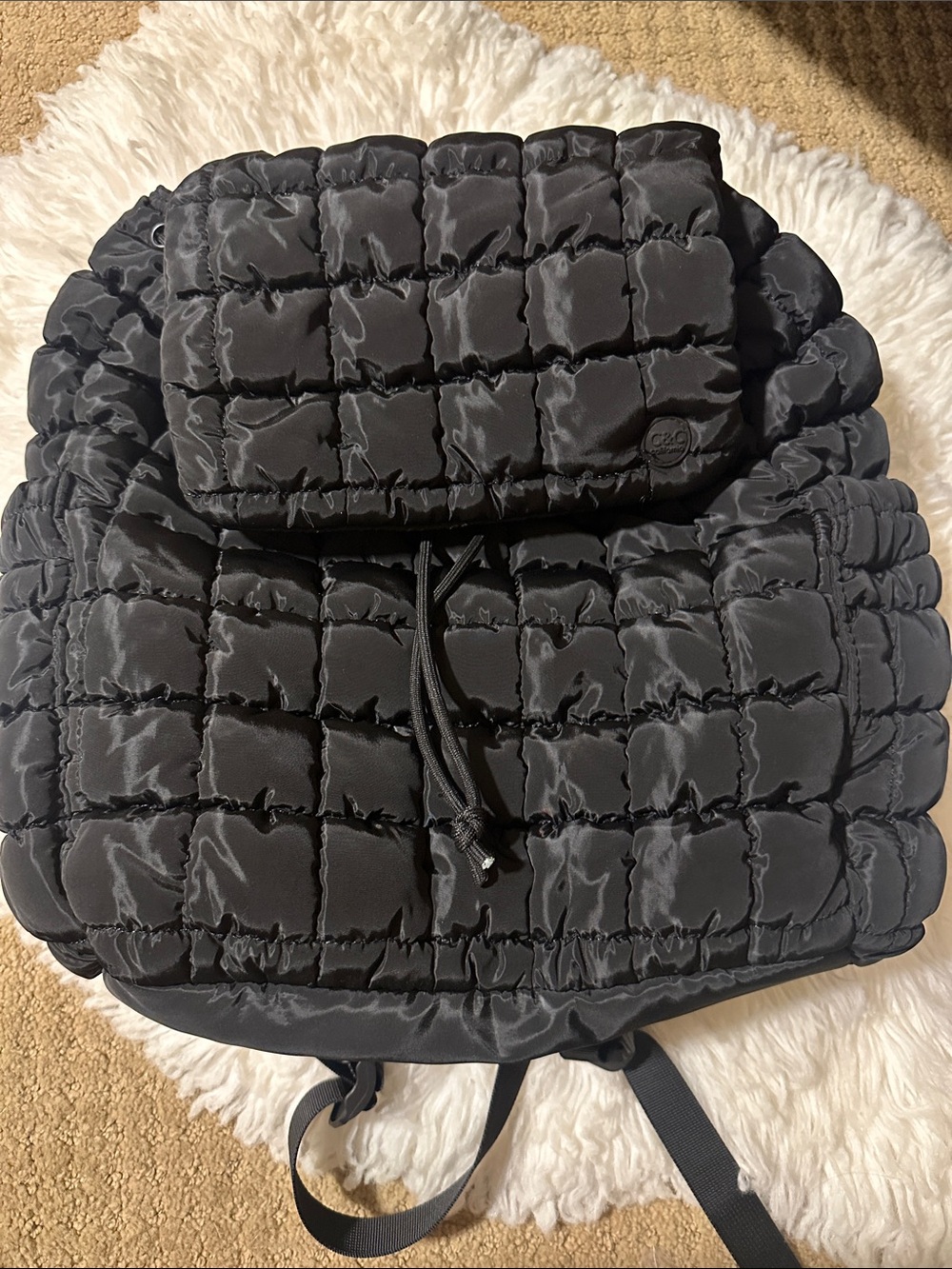 C&C Black Quilted Puffer Backpack - Padded Drawstring Pack